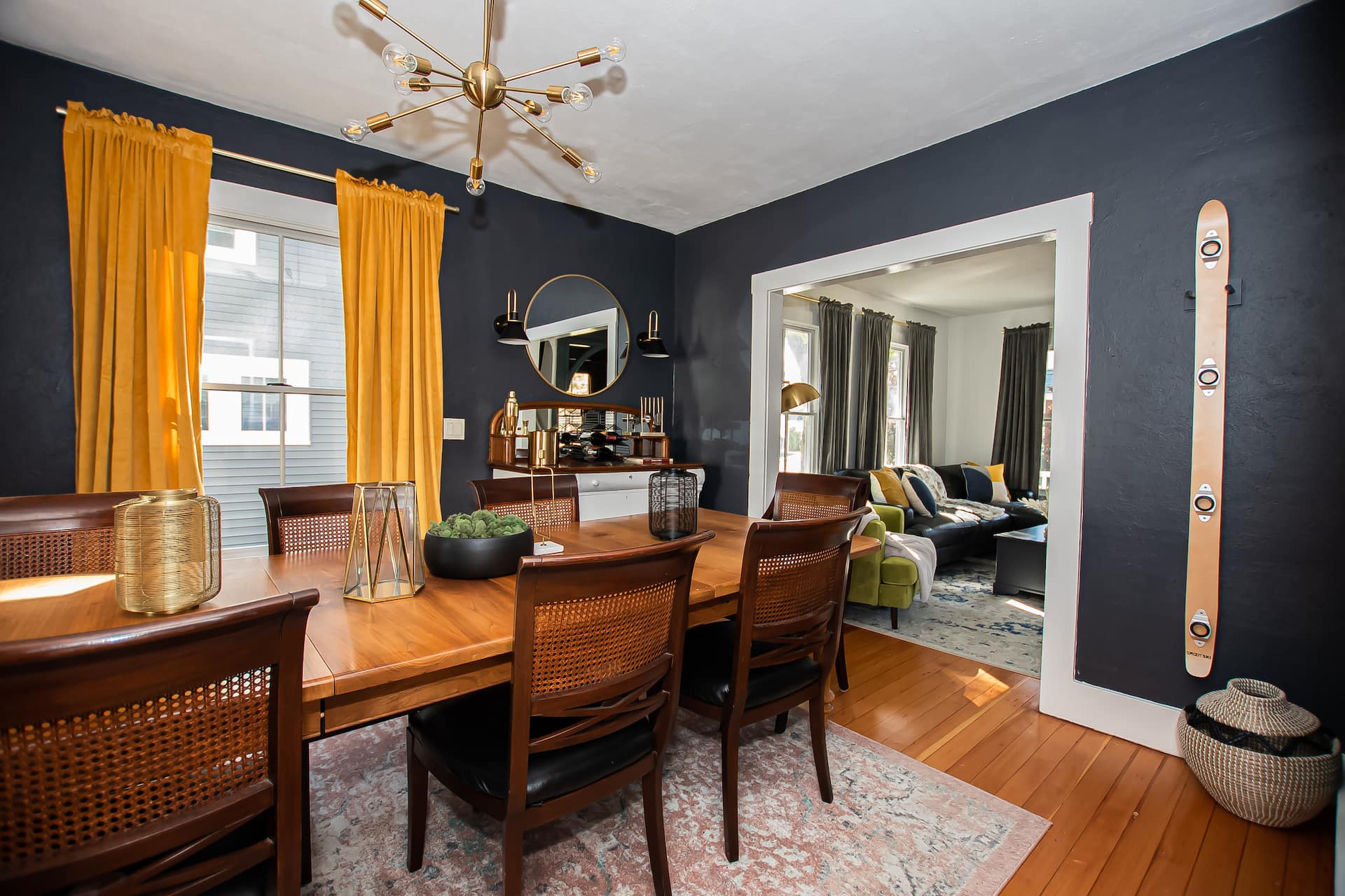 The dining room and its custom mural wall