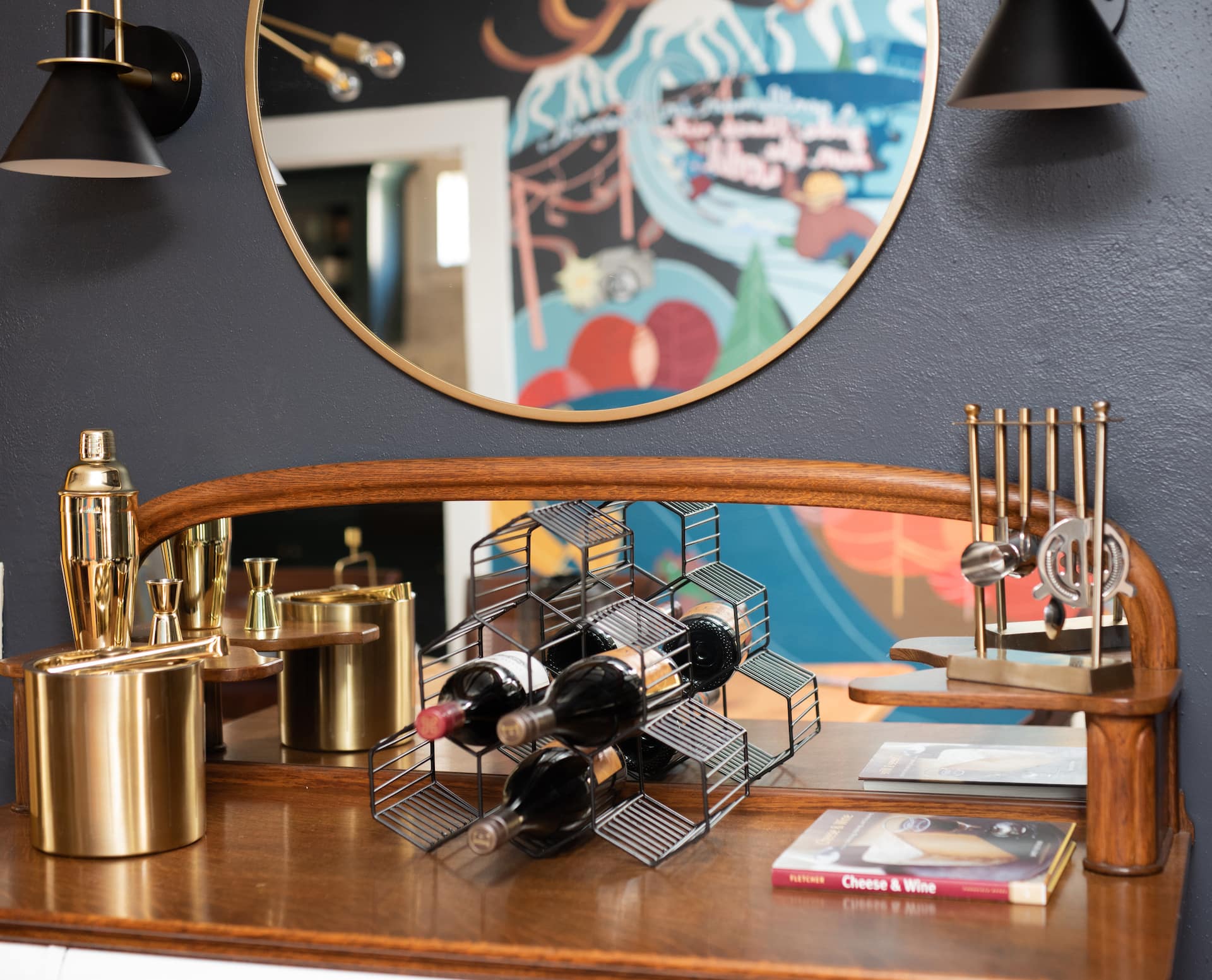 The buffet, barware and wine rack